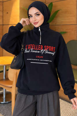 Fermuarlı Üç İplik Baskılı Sweatshirt Lacivert - CALİENTE