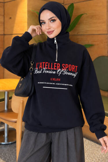 Fermuarlı Üç İplik Baskılı Sweatshirt Lacivert - Tunik