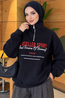Fermuarlı Üç İplik Baskılı Sweatshirt Lacivert - Tunik