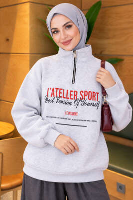 Fermuarlı Üç İplik Baskılı Sweatshirt Melanj Gri - CALİENTE