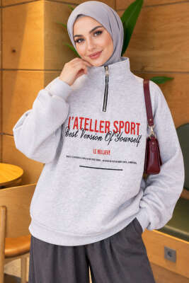 Fermuarlı Üç İplik Baskılı Sweatshirt Melanj Gri - Tunik