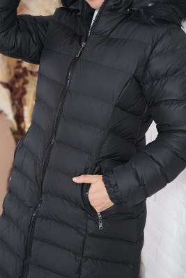 Fermuarlı Uzun Model Siyah Şişme Mont - Bayan Mont