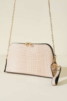 Fermuarlı Zincir Askılı Çanta Krem 