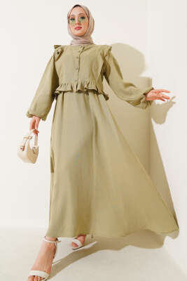 Fırfırlı Düğmeli Etekli Müslin İkili Takım Çağla Yeşili