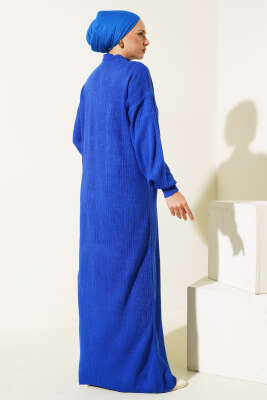 Fitilli Düz Pike Elbise Saks - Tesettür Elbise