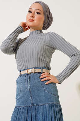 Fitilli Esnek Triko Kazak Gri 