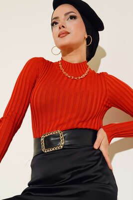 Fitilli Esnek Triko Kazak Kiremit 