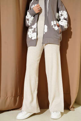 Fitilli Geniş Paça Triko Pantolon Bej