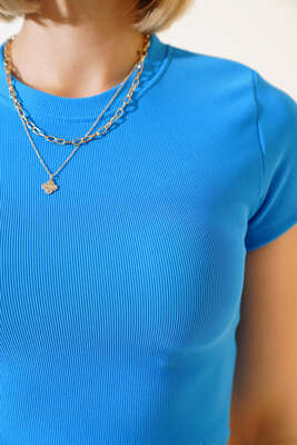 Fitilli Triko Crop Mavi - Kadın Giyim Modelleri