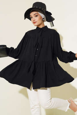 Fiyonklu Fırfırlı Gömlek Siyah - Gömlek