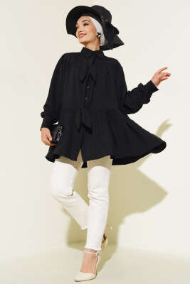 Fiyonklu Fırfırlı Gömlek Siyah - Gömlek