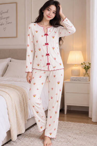Fiyonklu Karışık Desenli Pijama Takımı Asorti 16 - Pijama