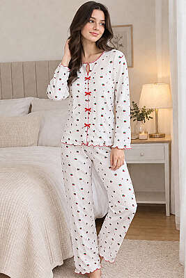 Fiyonklu Karışık Desenli Pijama Takımı Asorti 3 