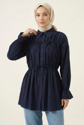 Fiyonklu Lastikli Gömlek Lacivert - NEVA MODA