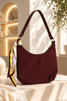 Fularlı Oval Kol Çantası Bordo 