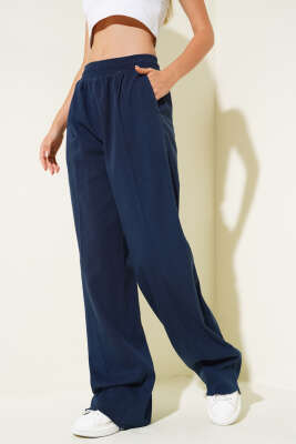 Gabardin Bol Paça Püsküllü Pantolon Lacivert - Pantolon