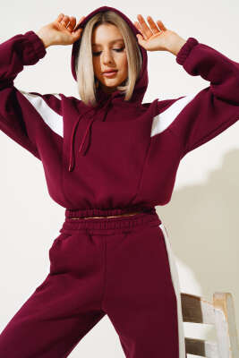 Garnili Üç İplik Sweatshirt Takım Bordo - Kadın Giyim Modelleri