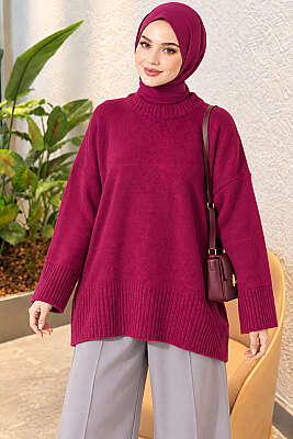 Geniş Kol Ribanalı Triko Tunik Magenta - FİXAY