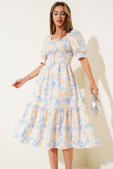 Gipeli Mini Çiçekli Kemerli Midi Elbise Sarı Mavi - Kadın Giyim Modelleri