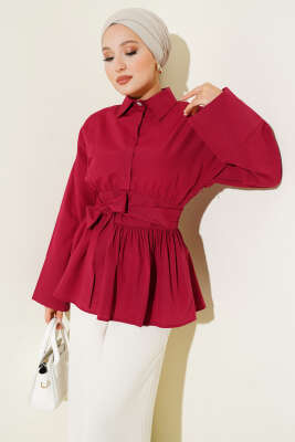 Gizli Düğmeli Bel Kuşaklı Gömlek Bordo - ELİVA