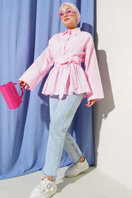 Gizli Düğmeli Bel Kuşaklı Gömlek Pembe - ELİVA