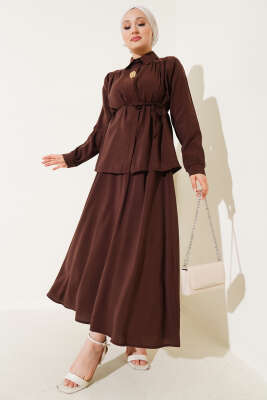 Gizli Düğmeli Kuşaklı Etekli İkili Takım Kahve