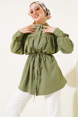 Göğüs Büzgülü Bel Tünelli Gömlek Çağla Yeşili