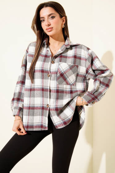 Göğüs Cepli Ekoseli Oduncu Gömlek Gri - Kadın Giyim Modelleri