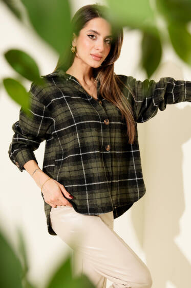 Göğüs Cepli Ekoseli Oduncu Gömlek Haki - Kadın Giyim Modelleri