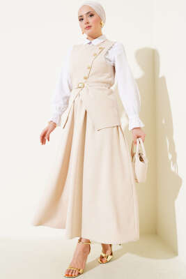Gold Düğmeli Kemerli Etekli İkili Takım Bej 