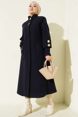 Gold Düğmeli Ribanalı Kaşe Kaban Lacivert