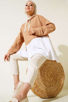 Gömlek Garnili Kapüşonlu Tunik Camel 
