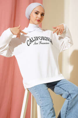 Gömlek Yaka California Baskılı Sweatshirt Beyaz 