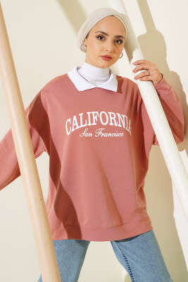 Gömlek Yaka California Baskılı Sweatshirt Gül Kurusu 