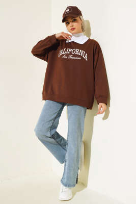 Gömlek Yaka California Baskılı Sweatshirt Kahve - Tunik