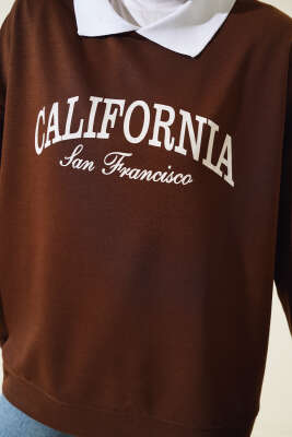 Gömlek Yaka California Baskılı Sweatshirt Kahve - Tunik