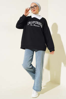 Gömlek Yaka California Baskılı Sweatshirt Siyah - Tunik