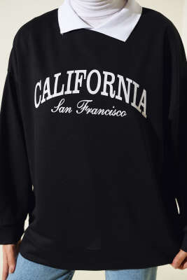 Gömlek Yaka California Baskılı Sweatshirt Siyah - Tunik