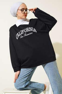 Gömlek Yaka California Baskılı Sweatshirt Siyah 