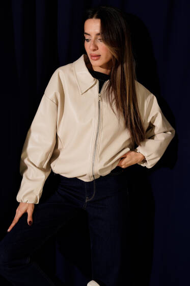 Gömlek Yaka Fermuarlı Deri Ceket Bej - Kadın Giyim Modelleri