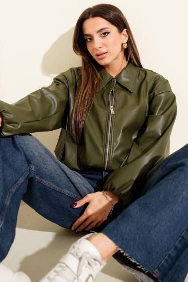 Gömlek Yaka Fermuarlı Deri Ceket Haki - Kadın Giyim Modelleri