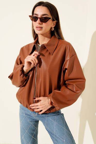 Gömlek Yaka Fermuarlı Deri Ceket Taba - Kadın Giyim Modelleri