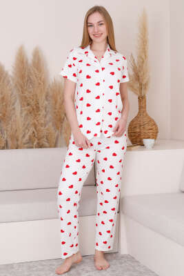 Gömlek Yaka Kalpli Kısa Kol Pijama Takımı Beyaz - Pijama