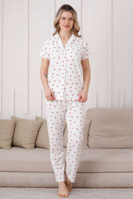 Gömlek Yaka Kirazlı Kısa Kol Pijama Takımı Beyaz - Pijama