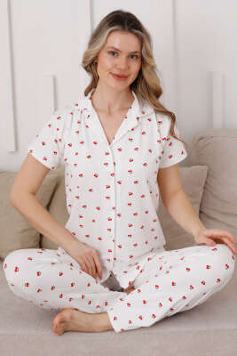 Gömlek Yaka Kirazlı Kısa Kol Pijama Takımı Beyaz - Pijama