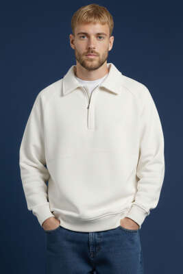 Gömlek Yaka Üç İplik Erkek Sweatshirt Beyaz - FRESHMAN