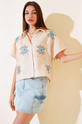 Göz Nakışlı Cepli Gömlek Bisküvi - Kadın Giyim Modelleri