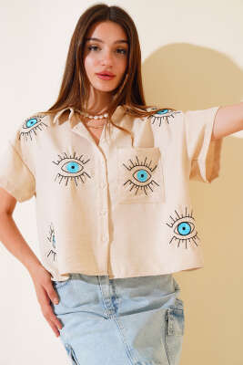 Göz Nakışlı Cepli Gömlek Bisküvi - Kadın Giyim Modelleri