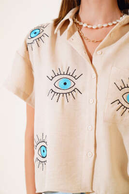 Göz Nakışlı Cepli Gömlek Bisküvi - Kadın Giyim Modelleri