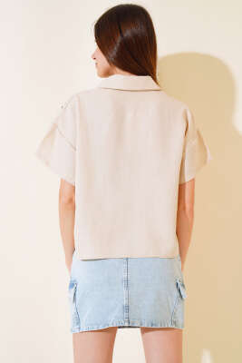 Göz Nakışlı Cepli Gömlek Bisküvi - Kadın Giyim Modelleri